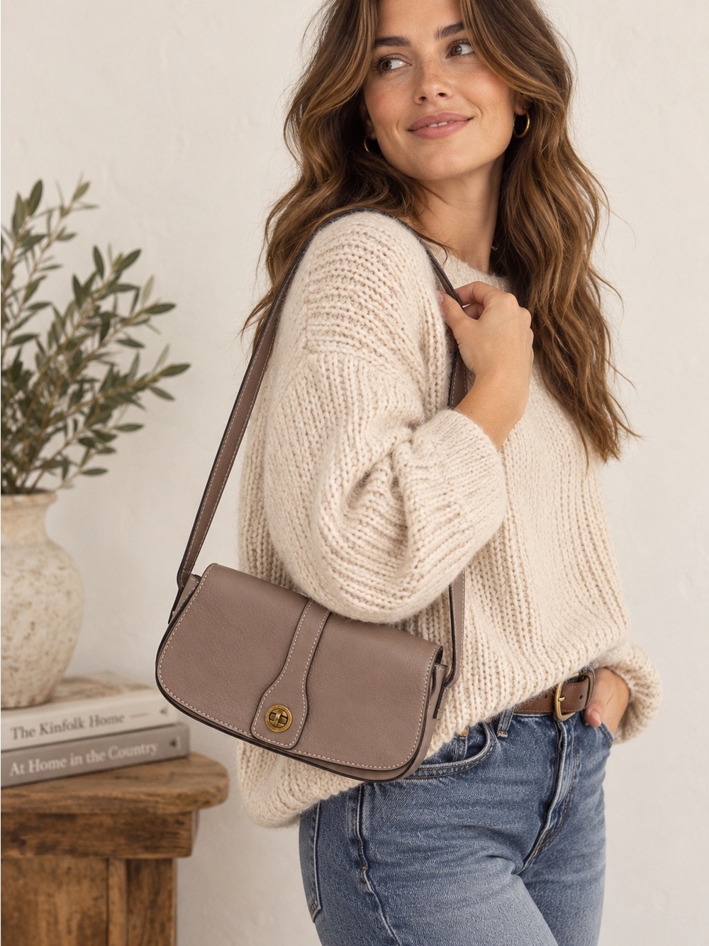 Sundance Made in Italy Leather Taupe Crossbody Shoulder Bag &Top Handle